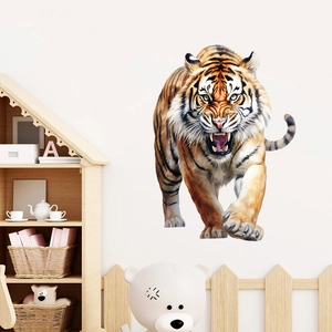 Detail of fierce roaring tiger wall sticker in a cozy children room setting decor