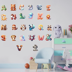 Detailansicht der bunten A-Z Tieralphabet-Wandaufkleber für Kinderzimmerdekoration