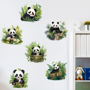 Cute Giant Panda Wall Stickers Bamboo Green Plants Flowers Self Adhesive PVC Decals For Kids Room Bedroom Home Decor