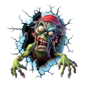 3D wall decal showing a green zombie with red headband breaking through a cracked wall