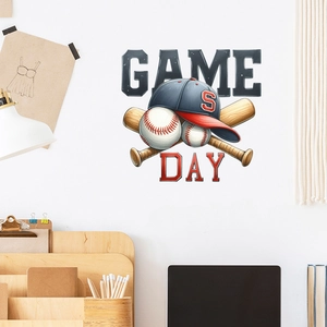 Detailed wall decal of baseball bat and cap with Game Day text on white wall