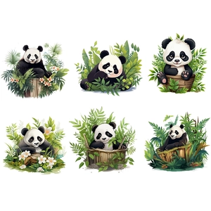 Six cute cartoon pandas with bamboo plants self-adhesive wall stickers for home decor