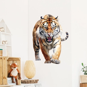 Detailed view of fierce roaring tiger wall sticker on a white living room wall decor