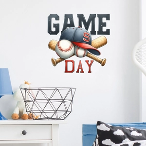 Macro detail of Game Day baseball wall sticker with cap and bats on white wall