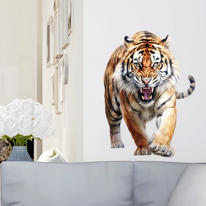 Macro detail of a fierce roaring tiger wall sticker with realistic orange and black fur texture