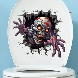 Detail of 3D Halloween toilet sticker showing a realistic zombie with glowing red eyes