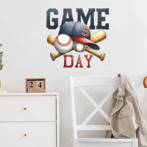 Game Day baseball themed wall decal featuring hat, bats and balls for living room decor