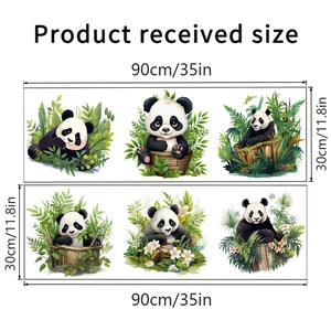 Detailed sheet dimensions of cute panda wall decals with bamboo and floral motifs
