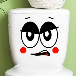 Funny cartoon face wall sticker with tired expression on white toilet water tank surface