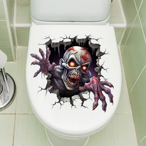 Close-up of a 3D Halloween toilet sticker showing a scary zombie breaking through white porcelain