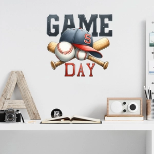 Macro detail of Game Day baseball wall decals with a blue cap and crossed bats on white wall