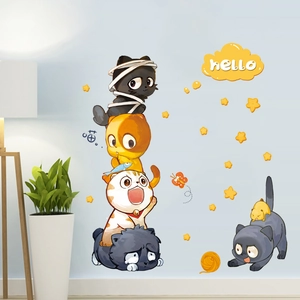 Cute cartoon cat wall stickers featuring diverse kittens and stars for bedroom decor