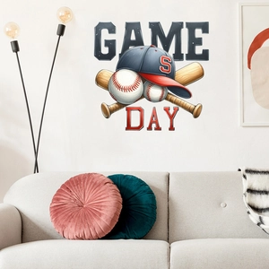 Macro view of Game Day baseball wall stickers featuring bats and caps in a home setting