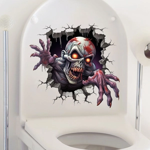 Detail of 3D zombie wall sticker with glowing orange eyes breaking through a white surface