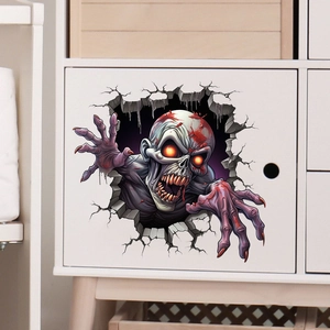 Macro detail of 3D Halloween skeleton wall sticker applied on a white storage cabinet