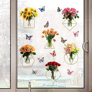 Floral wall stickers featuring sunflowers and roses in geometric frames with butterflies