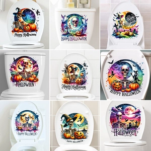 Halloween Toilet Sticker PVC Waterproof Skeleton Pumpkin Bat Witch Decal Festive Bathroom Decor Wall Art Home Decoration