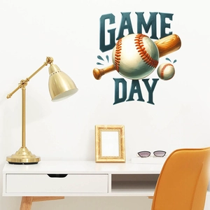 Detail showing baseball wall stickers with Game Day text on a clean white office wall