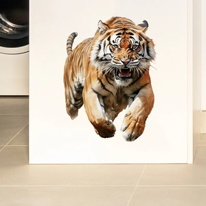 Detail of a 3D roaring tiger waterproof self-adhesive wall sticker on a white surface