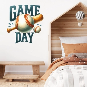Detail of baseball theme wall stickers featuring bats and Game Day text in a nursery