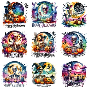 Waterproof Halloween pumpkin and skull stickers with vibrant watercolor splatter design