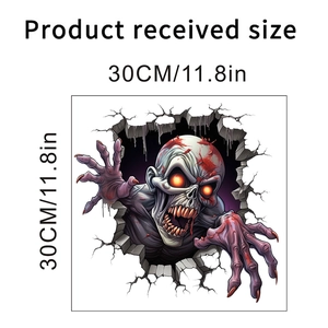 3D Halloween wall sticker showing a 30x30cm zombie breaking through a wall with glowing eyes