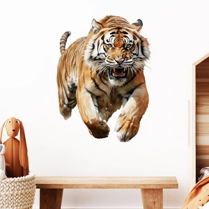 Realistic tiger jump wall sticker with detailed orange and black fur on white wall