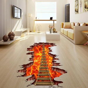 3D cracked floor wall sticker featuring realistic wood bridge and volcano lava effect