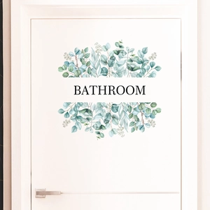 Waterproof PVC bathroom door sticker with eucalyptus leaves and bathroom text design