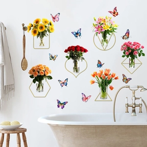Floral wall stickers featuring sunflowers, roses, and butterflies for home wall decor