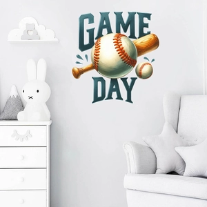 Detail view of Game Day baseball wall decals applied on a bedroom wall above furniture