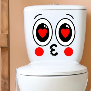 Funny toilet seat sticker featuring cartoon eyes with red hearts and a cute pout face