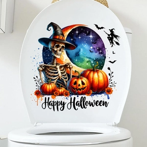 Halloween toilet seat decal featuring skeleton, pumpkin, and witch with Happy Halloween text