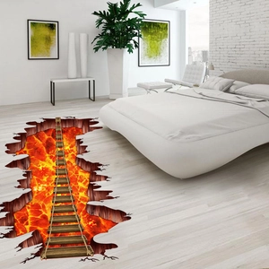 3D broken wall floor sticker with bridge over lava abyss for home bedroom decoration
