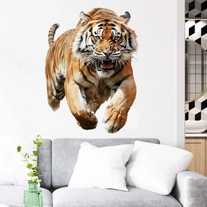 Detailed 3D tiger wall sticker showing realistic animal art in a modern living room setting