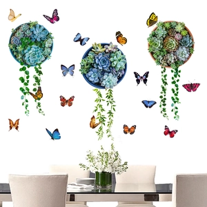 Adesivi murali moderni con piante grasse pendenti e farfalle 3D colorate per la decorazione