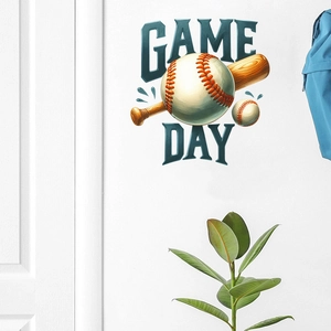 Macro detail of Baseball Game Day wall sticker on a white surface with home decor elements