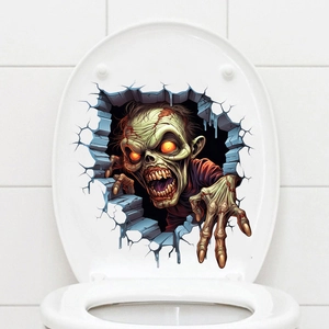Macro detail of 3D zombie wall decal showing realistic skin texture on a toilet lid