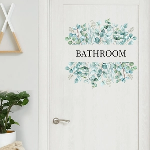 Detail of eucalyptus leaves bathroom door sticker with watercolor plant design