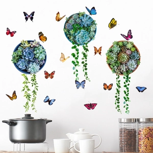 Adesivo da Parete 3D Piante Succulente Cesto Appeso Impermeabile Autoadesivo PVC Decalcomania Con Farfalla Colorata Per Soggiorno