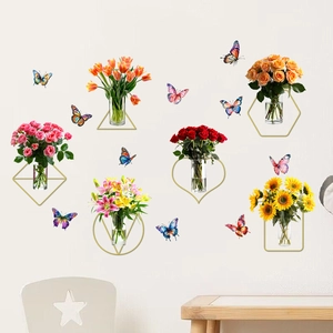 Detail of floral wall stickers with golden geometric vases and colorful butterflies