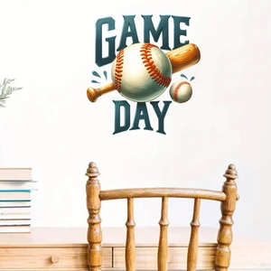 Detailed wall sticker featuring baseball, bat, and Game Day text in a cozy room setting