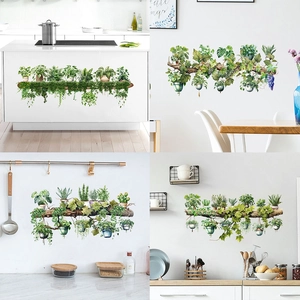 Waterproof PVC Wall Stickers Watercolor Green Potted Plants Tree Trunk Design Self Adhesive Home Decor For Kitchen Living Room