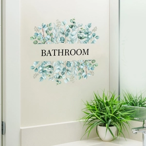 Eucalyptus watercolor bathroom wall decal with black typography for home decor