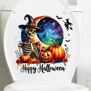 Detail of Halloween toilet lid decal with skull, pumpkin and Happy Halloween text