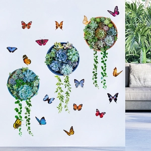 Adesivi murali impermeabili con vasi di piante grasse sospesi e farfalle colorate decor