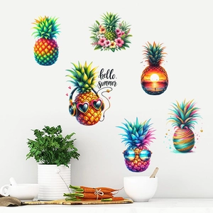 Kitchen wall stickers featuring six colorful pineapple designs with hello summer text