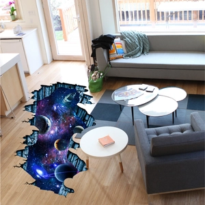 3D outer space galaxy floor stickers with realistic ground crack effects for living rooms