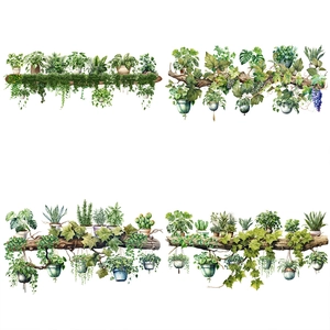 Self-adhesive watercolor wall stickers featuring assorted green potted plants on wood stands