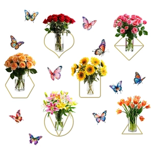 Self-adhesive floral wall stickers with 3D butterflies and gold geometric frames